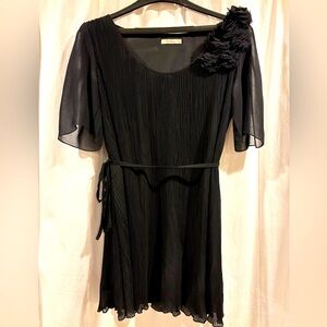 Darling Brand Black Pleated Mini Dress with Floral Shoulder Embellishment & Belt